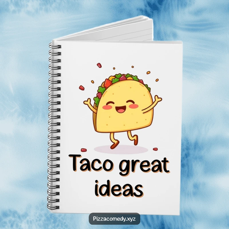Funny notebook with a cheerful taco on legs dancing a jig, scattering toppings, perfect for notes.