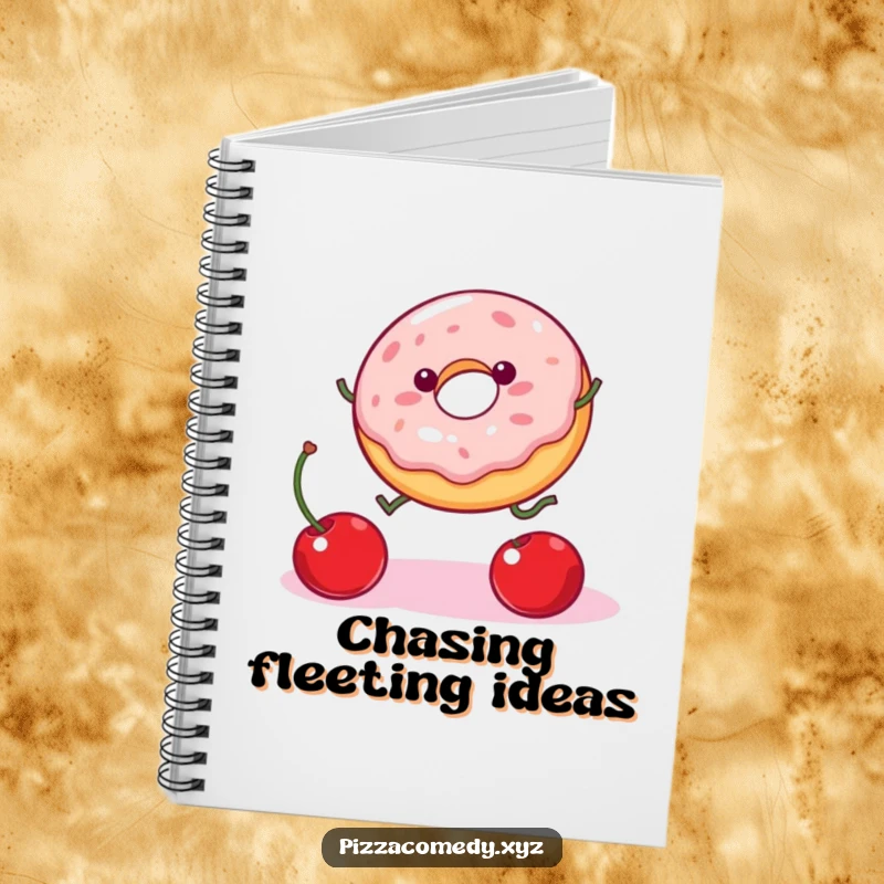 Funny Donut Notebook: A wobbly donut with legs jumps eagerly to catch a cherry, making note-taking a fun experience.