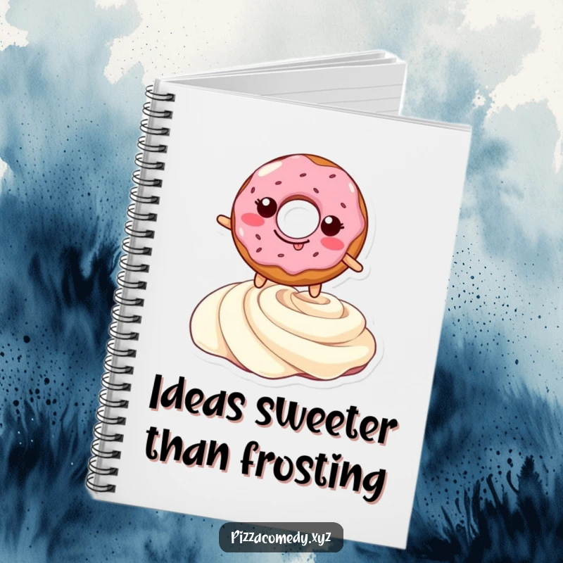Funny notebook with a grinning doughnut leaping over a cream swirl, inspiring creative writing and sweet doodles.