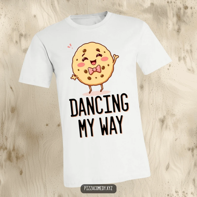 Funny t-shirt showcasing a giggling cookie in a bow tie, joyfully dancing with energetic and infectious happiness.