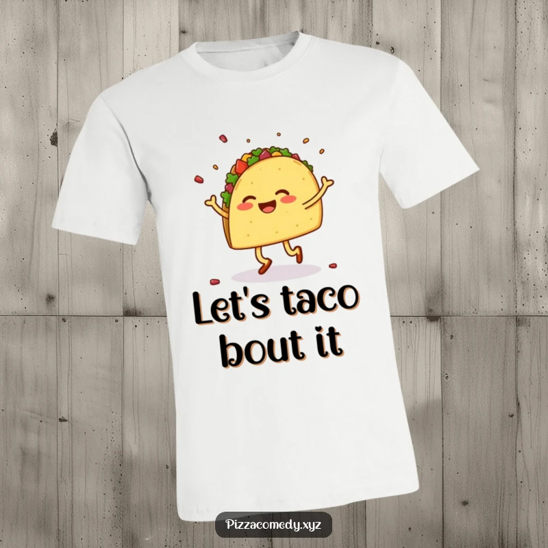 Funny cotton t-shirt with a cheerful taco on legs doing a lively jig, scattering lettuce, cheese, and salsa.
