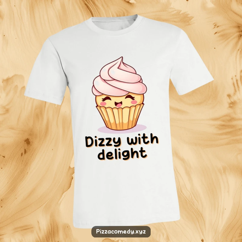 Funny Giggling Cupcake T-Shirt: A happy cupcake with swirly frosting hair spins around, looking delightful and amusing.