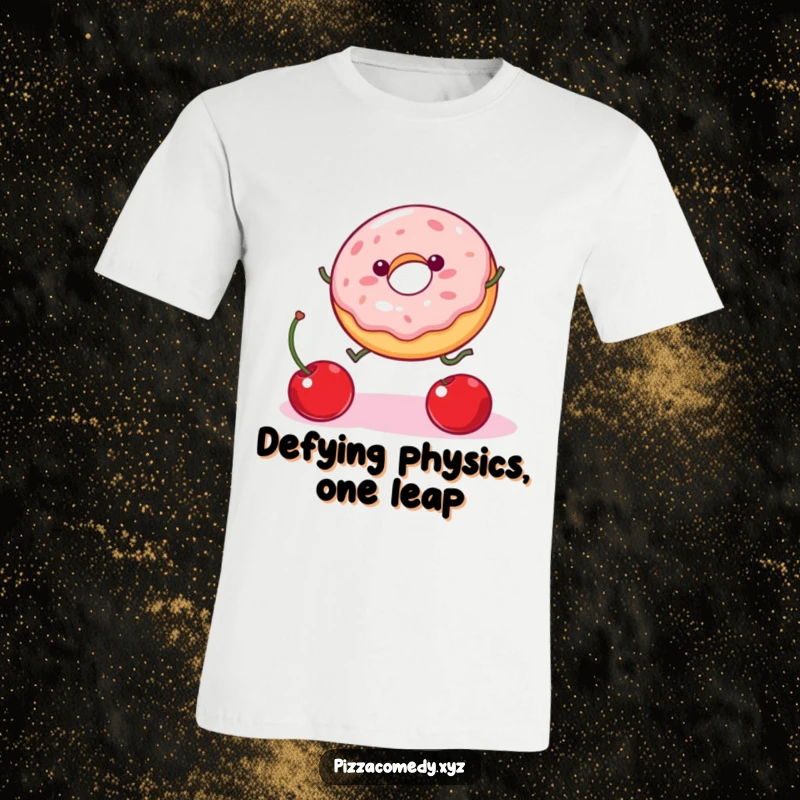 Funny Donut T-Shirt: A wobbly donut with tiny legs jumps enthusiastically to catch a falling cherry, a humorous depiction of pursuit.