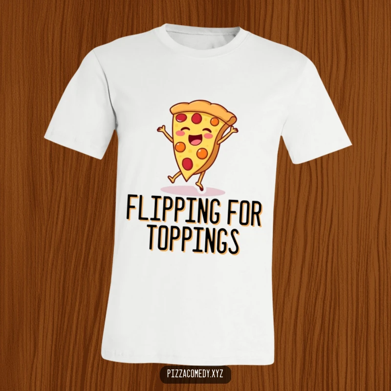 Funny Pizza T-Shirt: A joyous pizza slice with legs performing a cartwheel, a fun and funny gift idea.