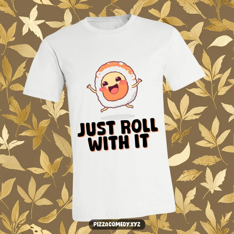 Funny Sushi T-Shirt: A piece of sushi dances happily, wiggling its body with a wide, joyful smile.