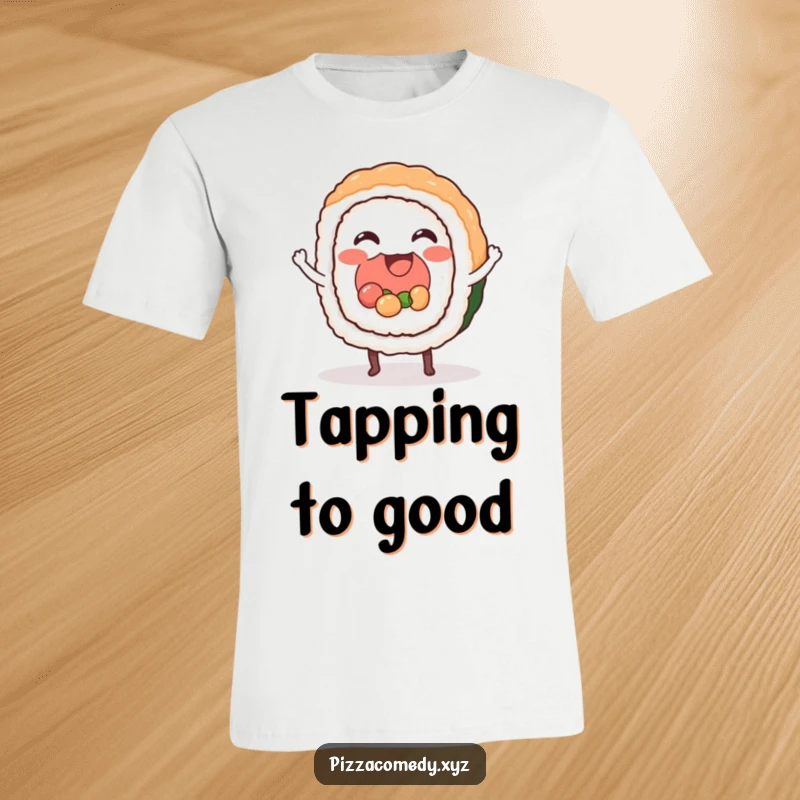Funny Sushi T-Shirt: A happy sushi roll dancing with its feet, a fun and rhythmic funny gift idea.