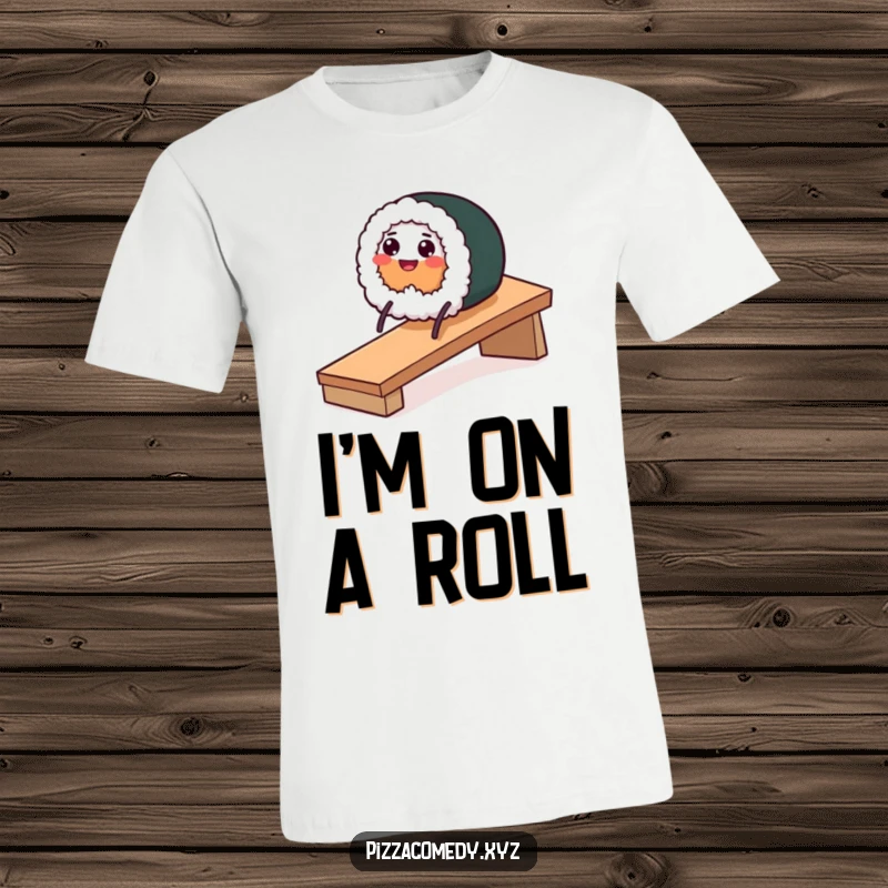 Funny cotton t-shirt featuring a smiling sushi roll with stick legs sliding down a ramp with a sense of speed.