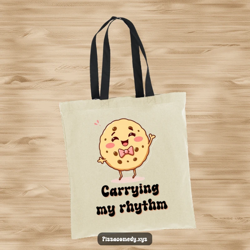 Funny tote bag featuring a giggling cookie with a bow tie, energetically dancing and bringing a cheerful vibe.
