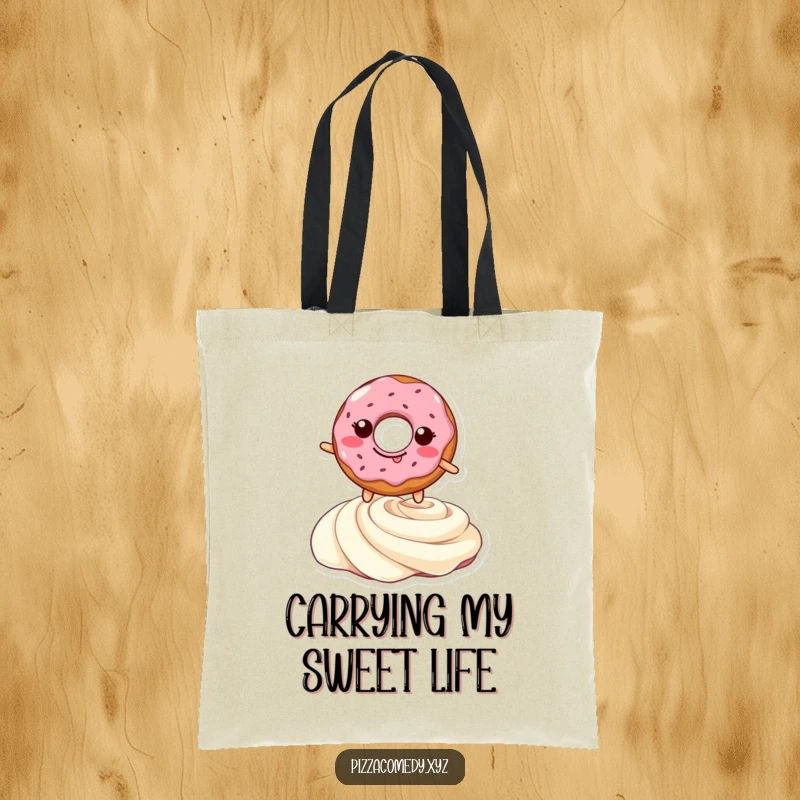 Funny tote bag featuring a grinning doughnut in mid-air, leaping over a creamy swirl, symbolizing sweet adventures and cheerful style.