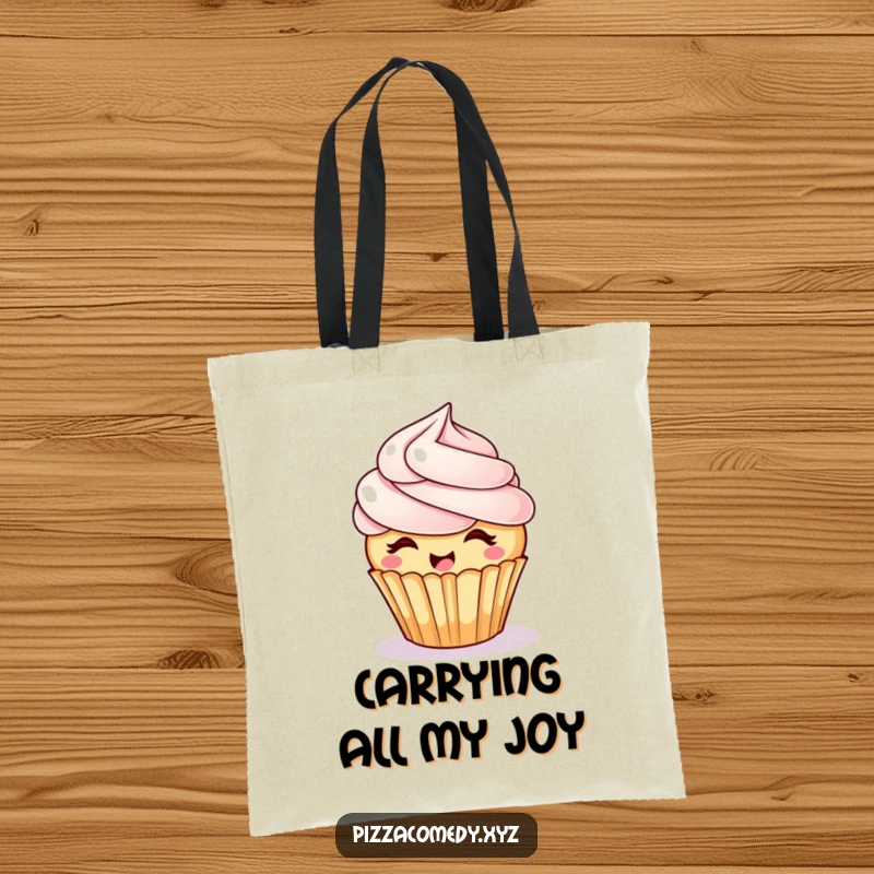 Funny Giggling Cupcake Tote Bag: A cupcake with swirly frosting hair spins in a circle, a cheerful and practical bag.